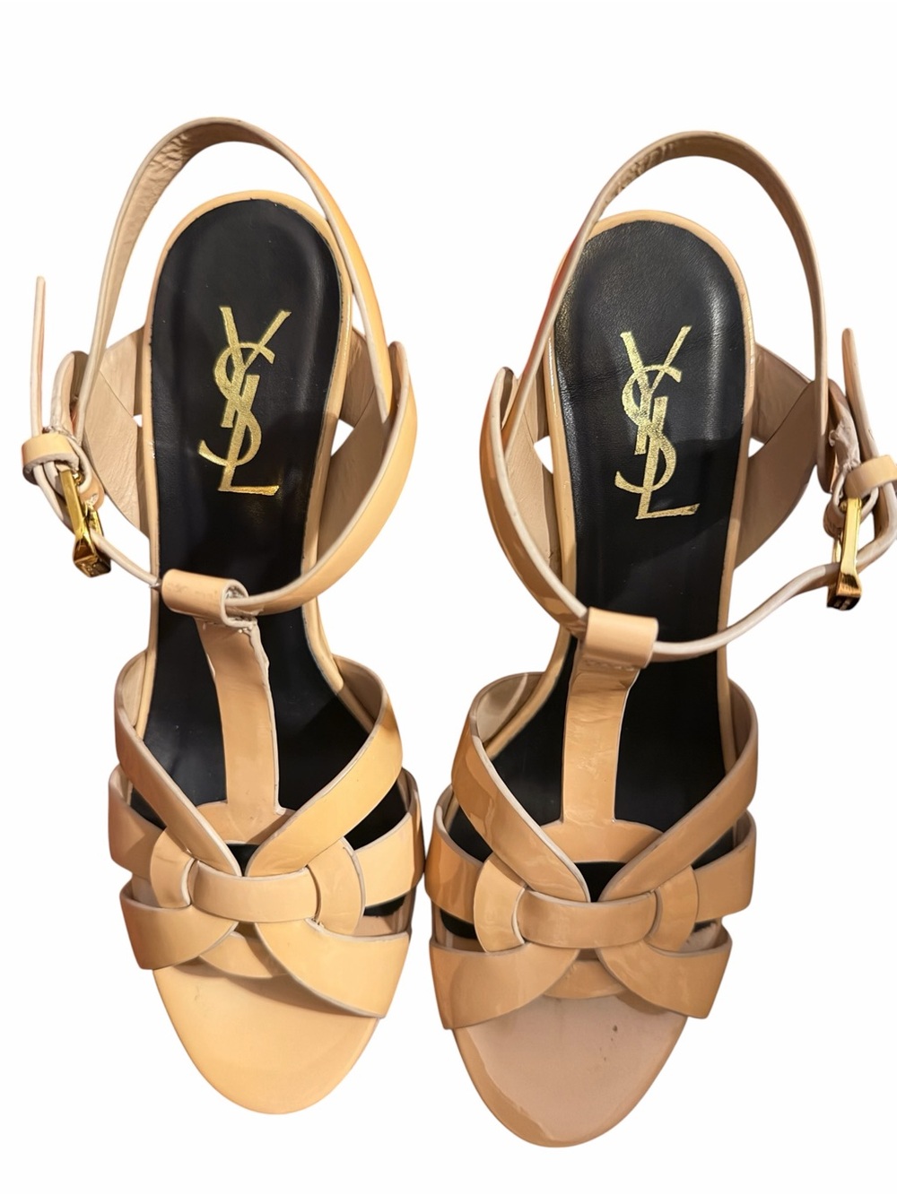 Saint Laurent Tan Patent Leather Knotted Slingback Heels with Gold Hardware